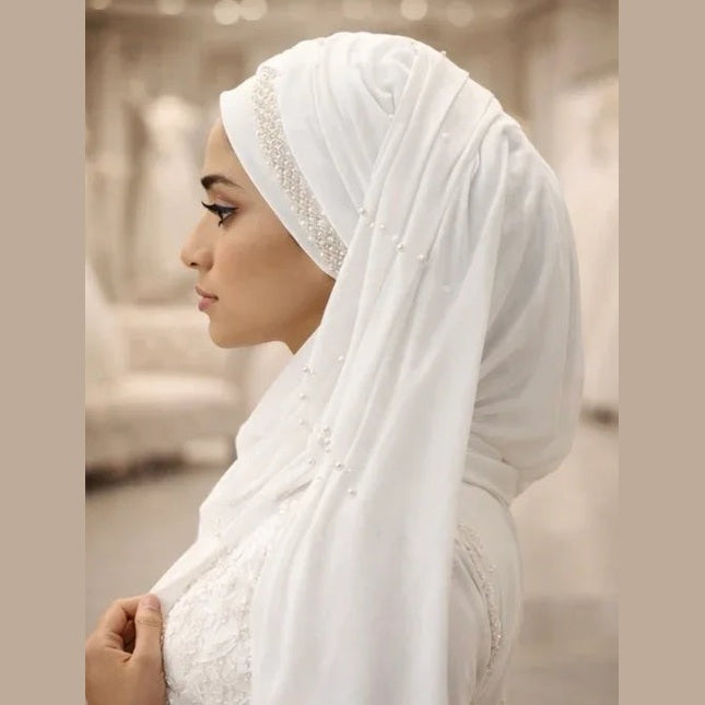 Turbante de novia con detalles de perlas hecho a mano - Hijab Turban Pearl - Mimount Couture