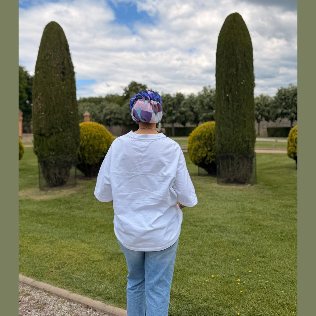 MIMOUNT COUTURE Brisa Lavanda gauze turban with abstract purple and mauve pattern