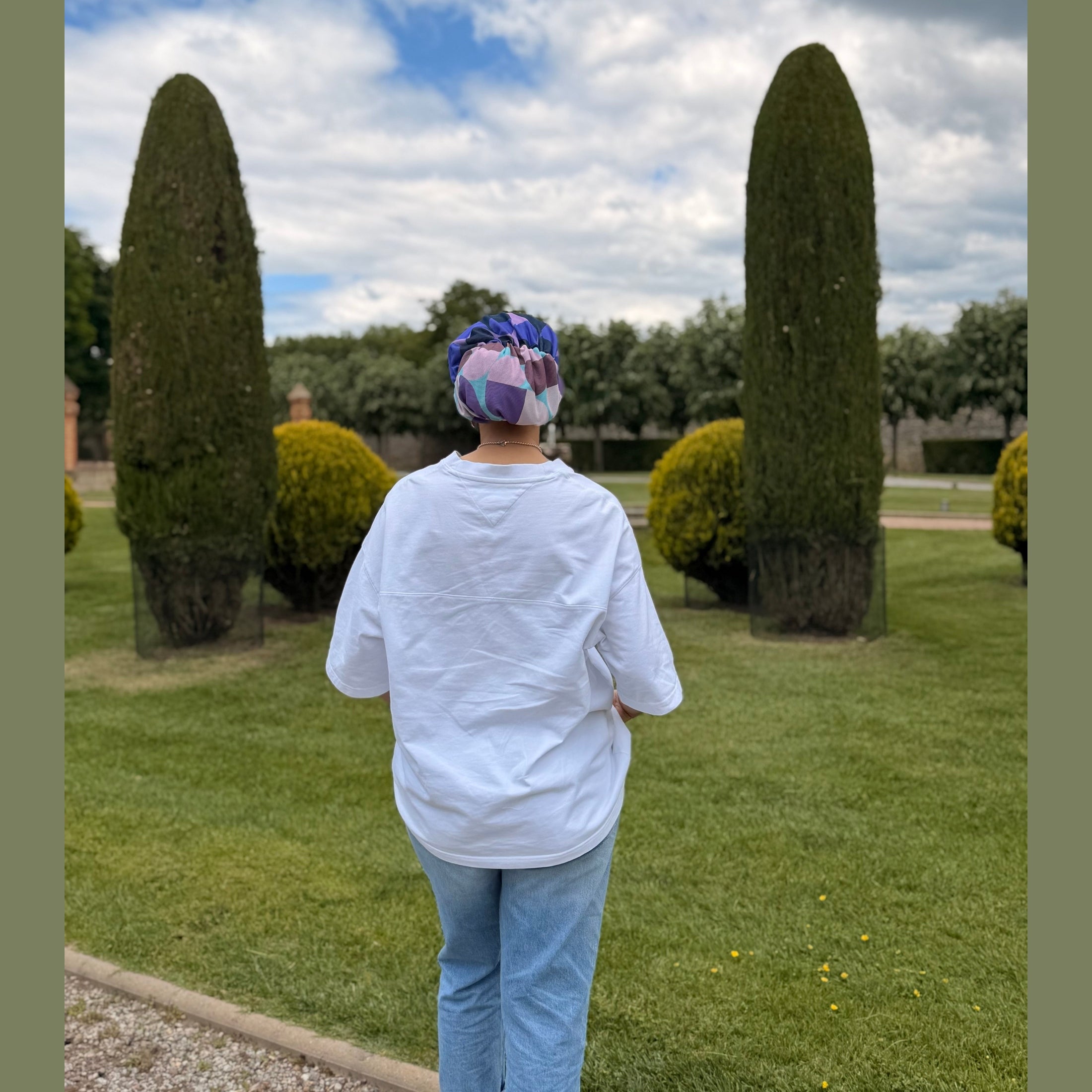 MIMOUNT COUTURE Brisa Lavanda gauze turban with abstract purple and mauve pattern
