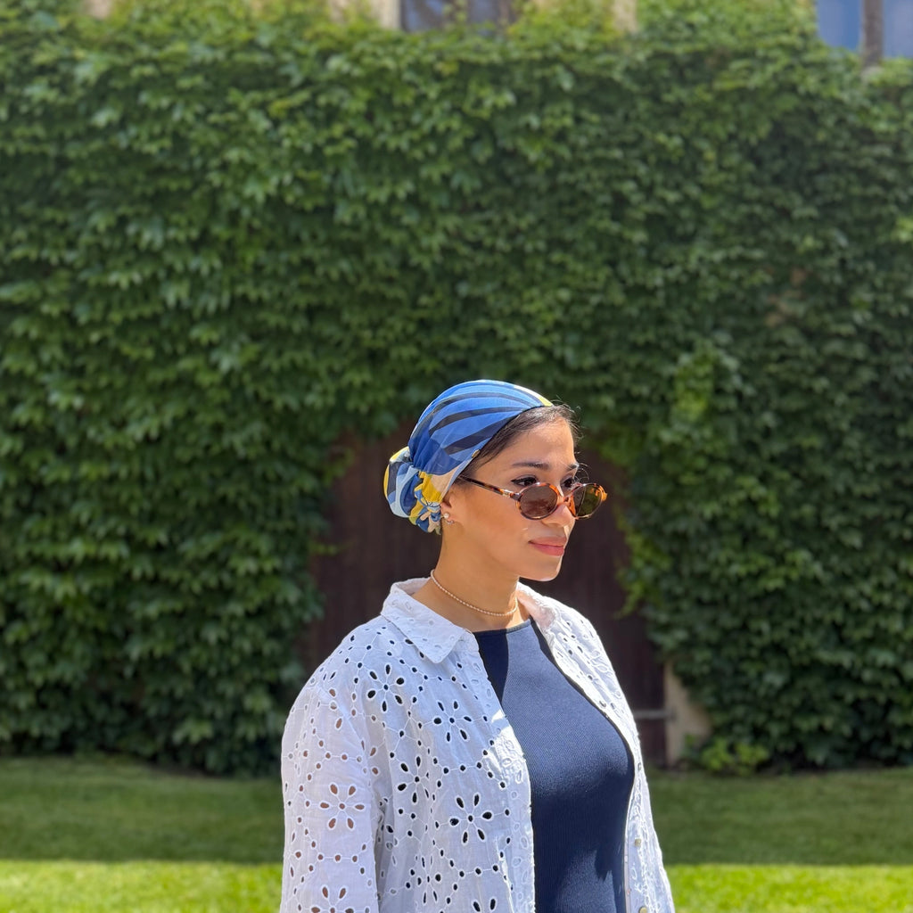 MIMOUNT COUTURE blue and gold brushstroke gauze turban side profile