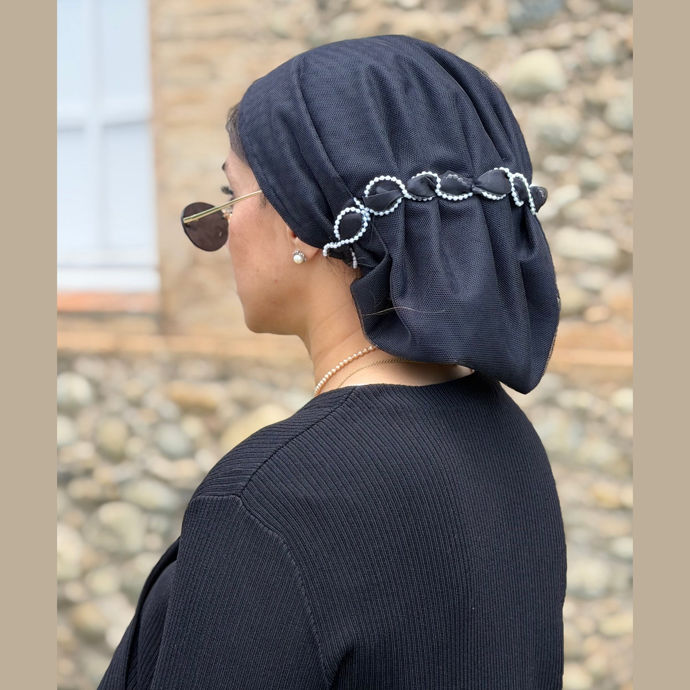 MIMOUNT COUTURE black pearl trim gauze turban side detail