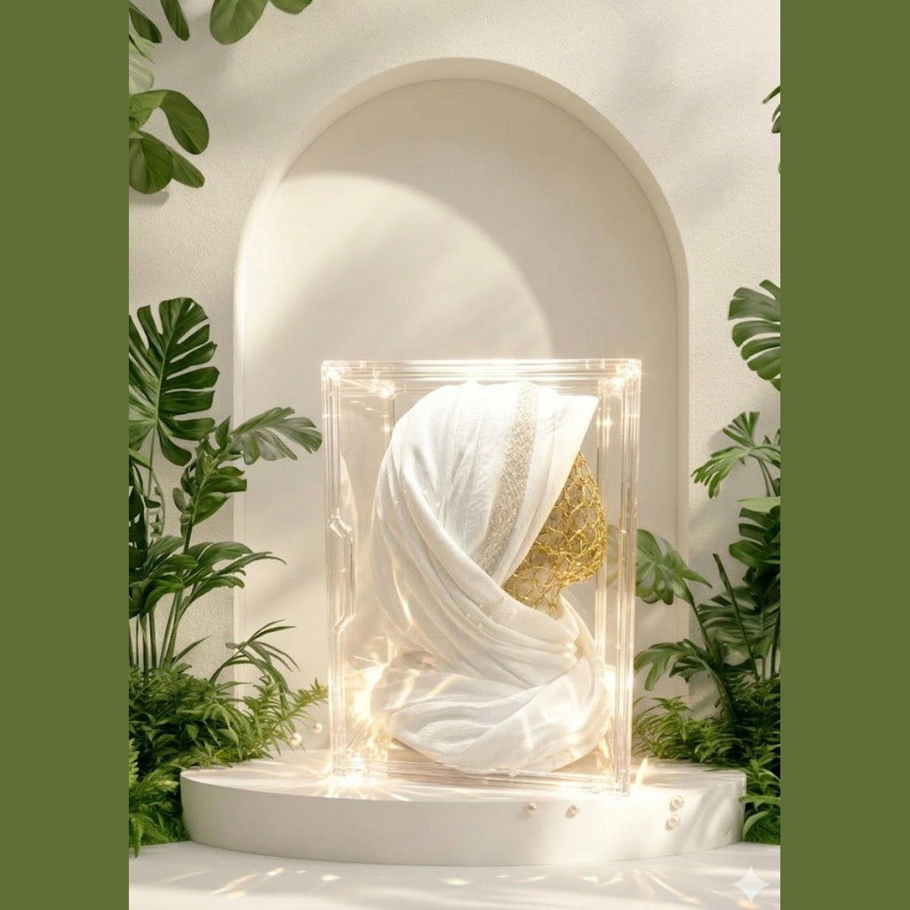 MIMOUNT COUTURE lit acrylic bridal veil showcase with golden headpiece