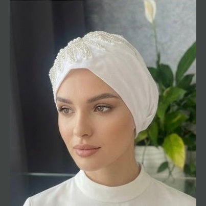 MIMOUNT COUTURE Pearl Bloom white satin tulle turban with front beaded pearl band