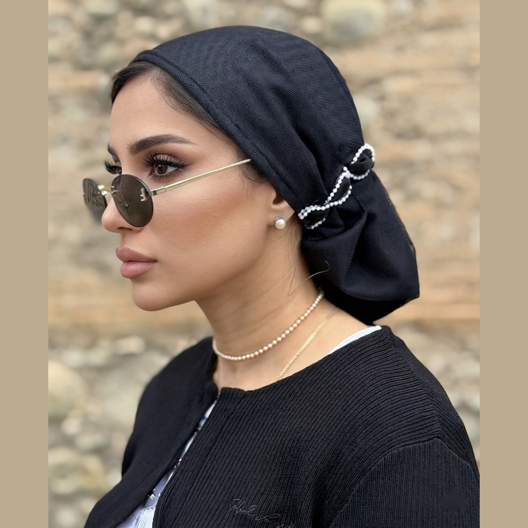 MIMOUNT COUTURE black gauze turban with pearl bow side detail