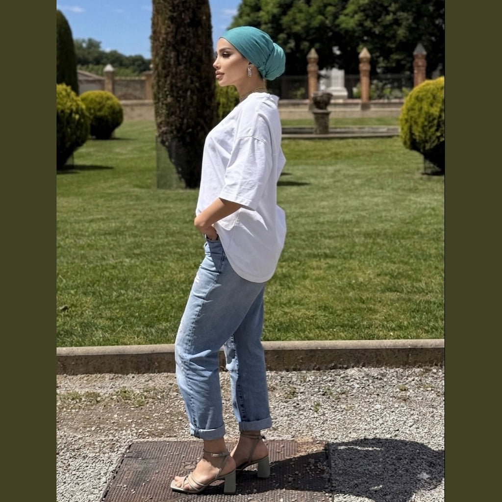 MIMOUNT COUTURE Brisa Jade lightweight chiffon head wrap showing boho fit