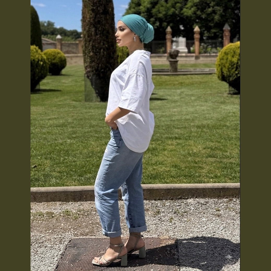 MIMOUNT COUTURE Brisa Jade lightweight chiffon head wrap showing boho fit