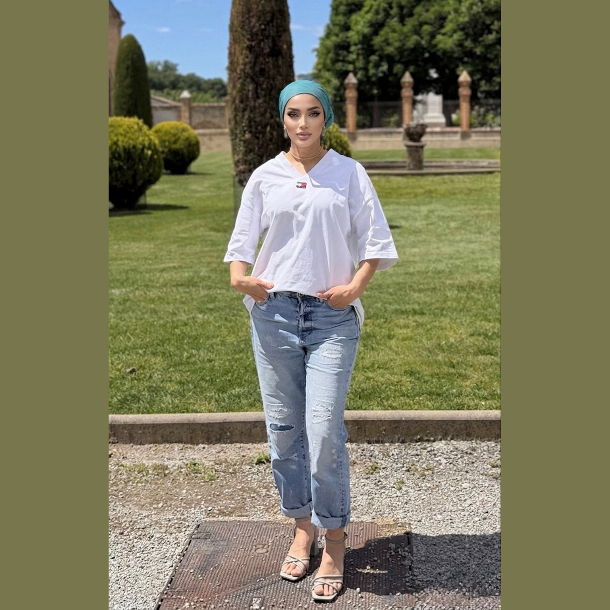 MIMOUNT COUTURE Brisa Jade chiffon turban in jade green with abstract print