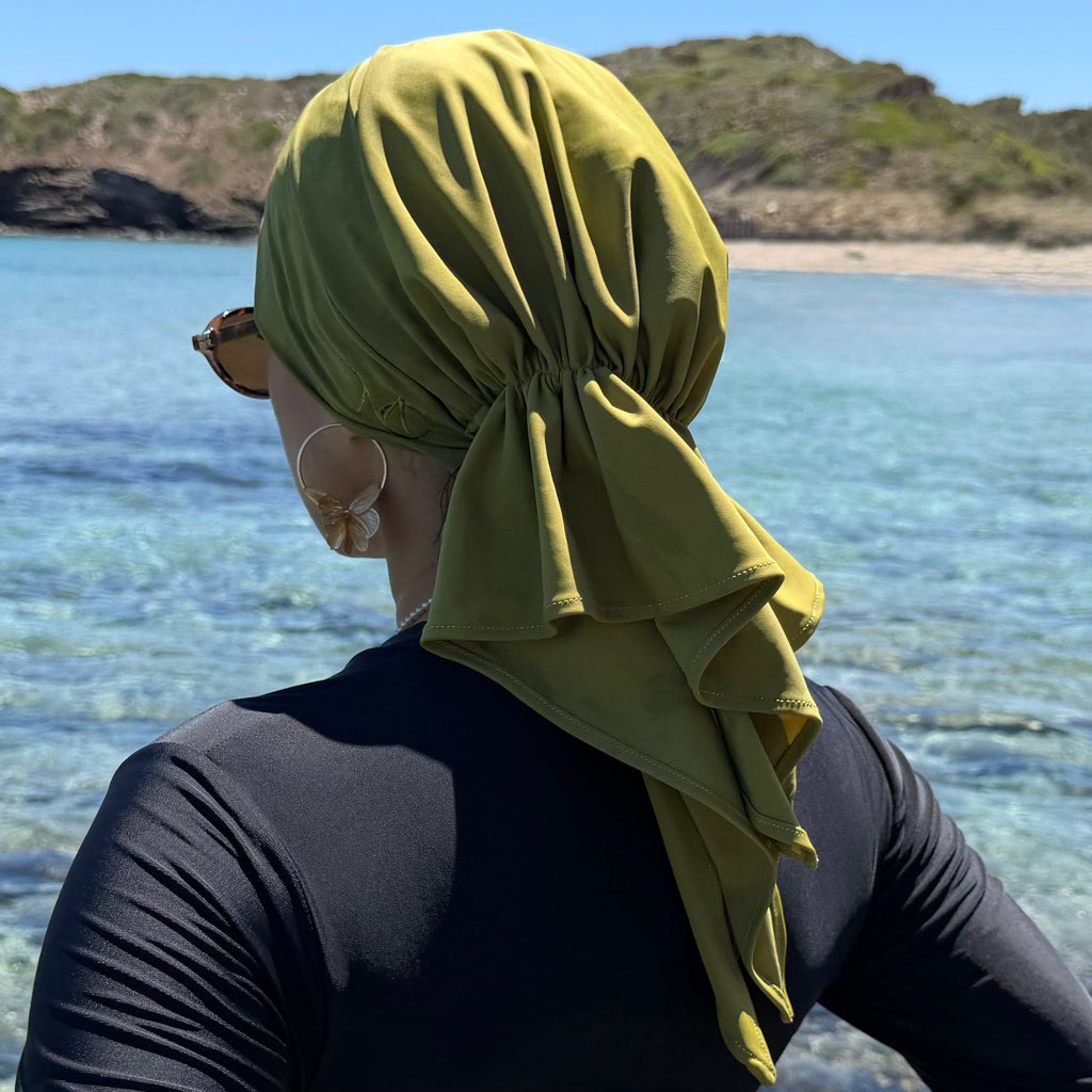 MIMOUNT COUTURE AQUA Verde Oliva moss green quick-drying beach turban with ruffled tail