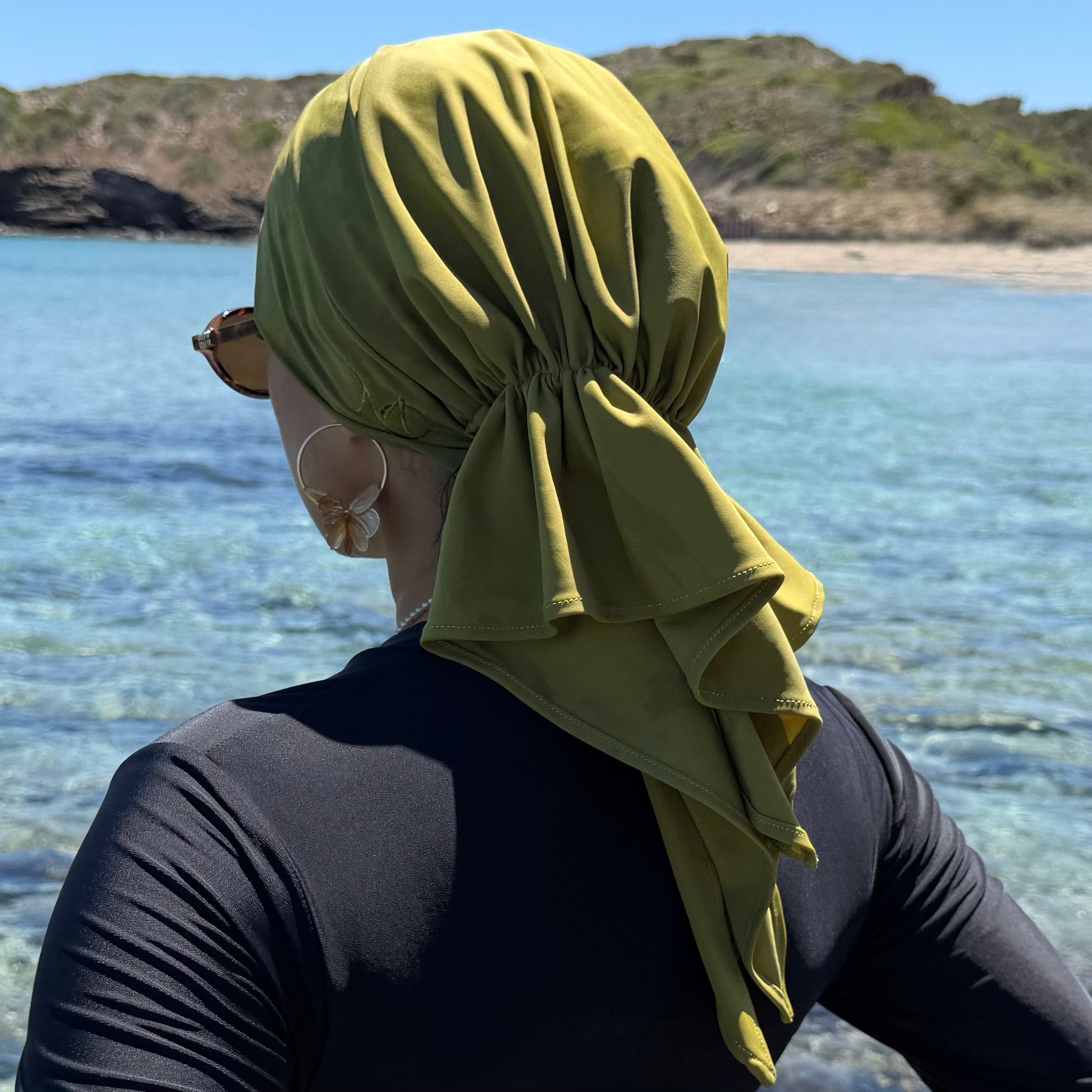 MIMOUNT COUTURE AQUA Verde Oliva moss green quick-drying beach turban with ruffled tail
