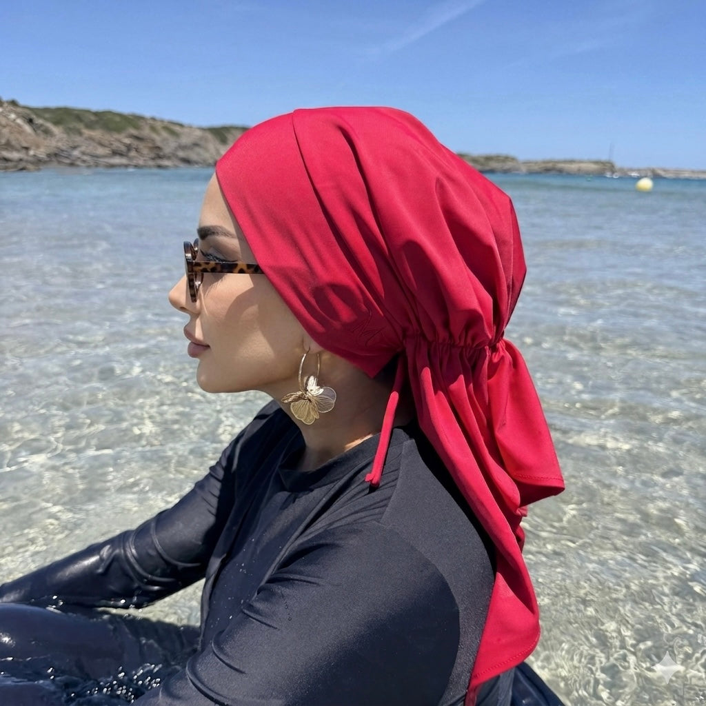MIMOUNT COUTURE AQUA Rojo Coral elastic back red drying turban texture close-up