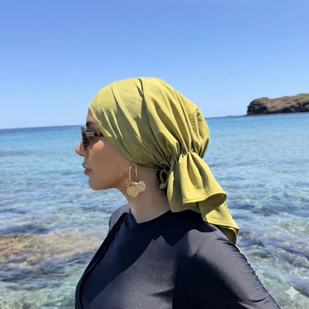 MIMOUNT COUTURE moss green stretchy swim turbante side profile over shoulder