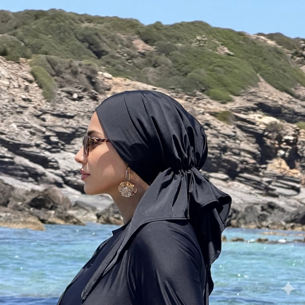 MIMOUNT COUTURE black quick-dry turbante with bow on rocky beach