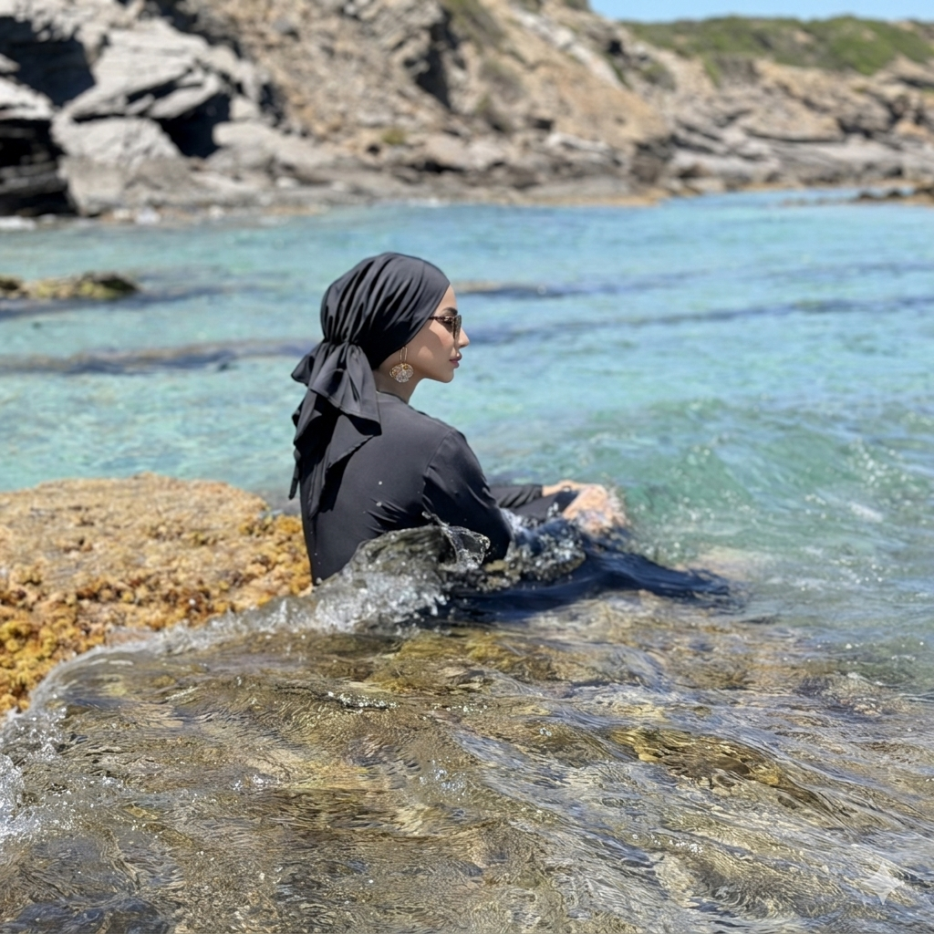 MIMOUNT COUTURE black quick-dry turbante tied at water's edge