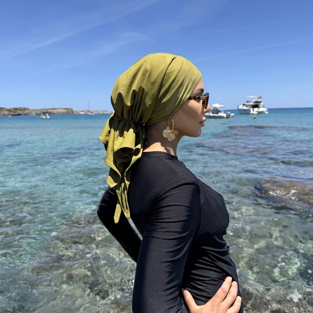 MIMOUNT COUTURE moss green elastic crown turbante at ocean edge for pool and beach