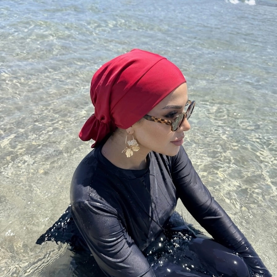 Red MIMOUNT COUTURE AQUA Rojo Coral swim turban side profile with knot detail