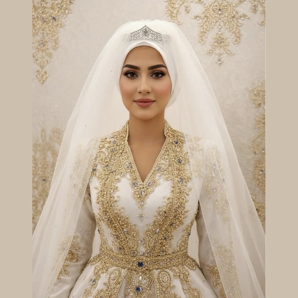 Turbante nupcial con tiara de cristal y velo de tul - Amani Bridal Veil - Mimount Couture